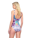 Model wearing 'Bali' Multicolour Square Neck Swimsuit, by Gottex (back view).