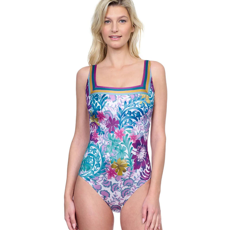 Model wearing 'Bali' Multicolour Square Neck Swimsuit, by Gottex.