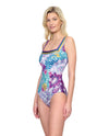 Model wearing 'Bali' Multicolour Square Neck Swimsuit, by Gottex (side view).