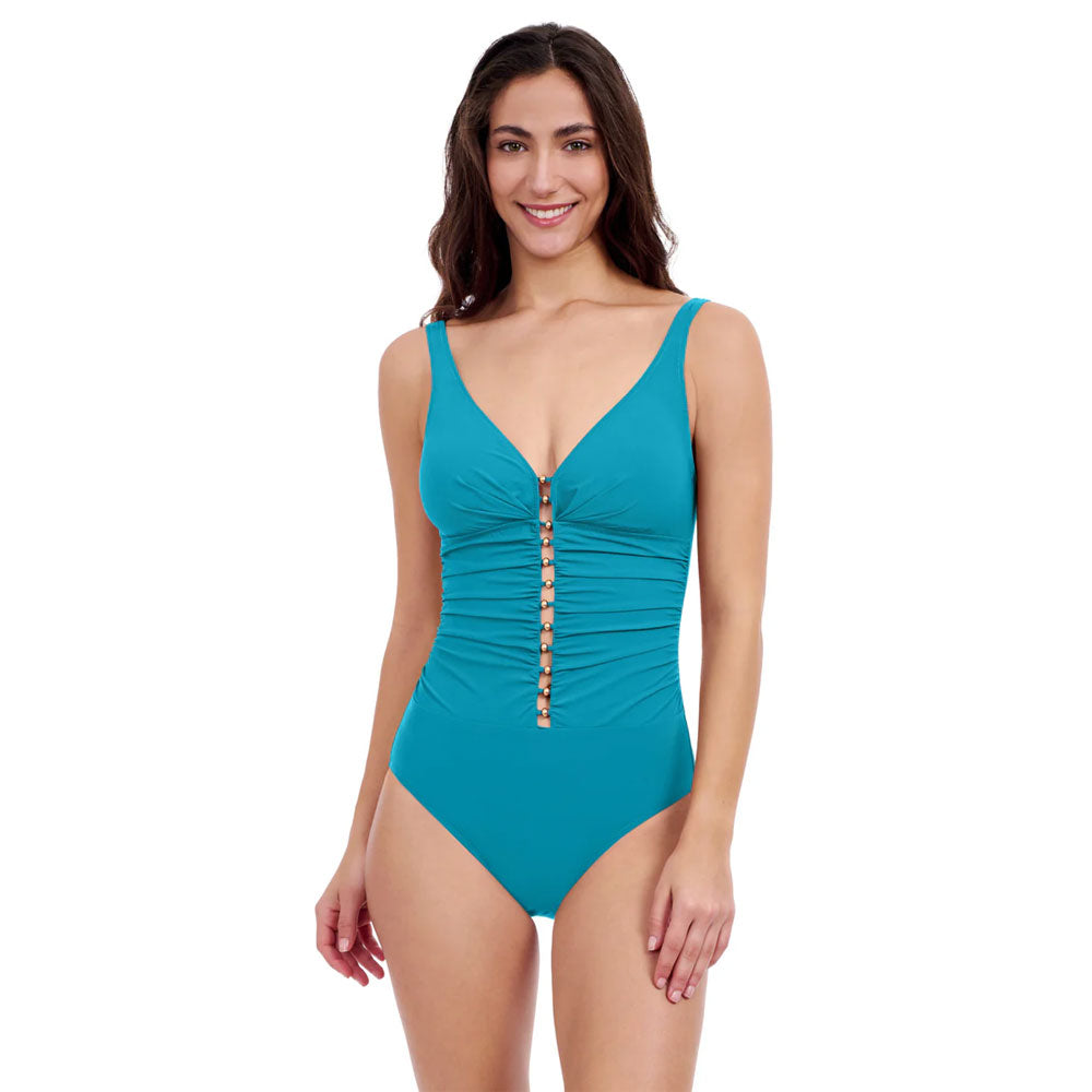 Model wearing 'Profile' Jade Green Gold-Beaded V-Neck Swimsuit, by Gottex  (front view).