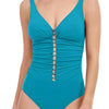 Model wearing 'Profile' Jade Green Gold-Beaded V-Neck Swimsuit, by Gottex  (front view close-up).