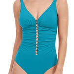 Model wearing 'Profile' Jade Green Gold-Beaded V-Neck Swimsuit, by Gottex  (front view close-up).