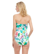 Model wearing 'Mayurika' Bandeau Strapless Swimsuit (multicoloured), by Gottex (rear view).