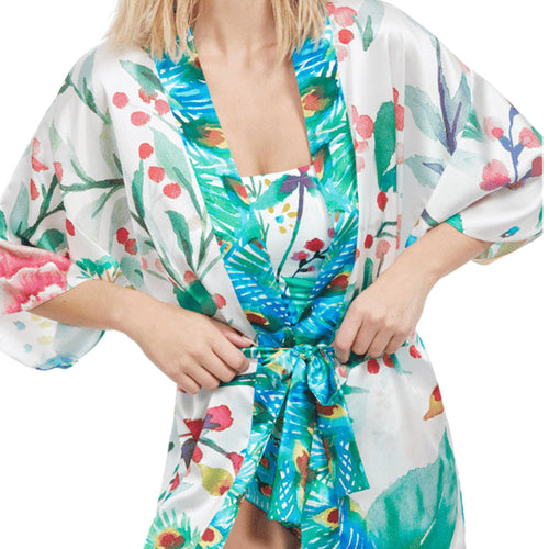 Model wearing 'Mayurika' Beach Kimono (multicoloured), by Gottex (close-up).