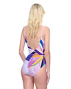 Model wearing 'Paradiso' Multicolour Swimsuit, by Gottex (back view).