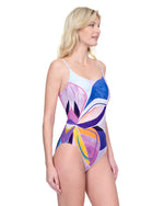 Model wearing 'Paradiso' Multicolour Swimsuit, by Gottex (side view).