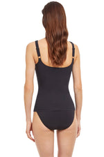 Model wearing 'Timeless' Round Neck Tankini Top in Black & White, by Gottex.