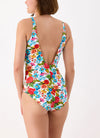 Model wearing 'Donatella' Multicoloured V-Neck Swimsuit, by Janine Robin (back view).