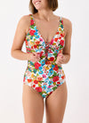 Model wearing 'Donatella' Multicoloured V-Neck Swimsuit, by Janine Robin (front view).