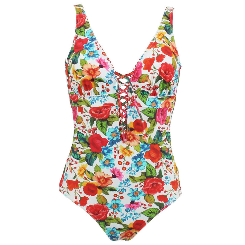 'Donatella' Multicoloured V-Neck Swimsuit, by Janine Robin (pack shot, front view).