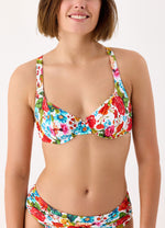 Model wearing 'Donatella' Multicolour Underwired Bikini Set, by Janine Robin (front view).