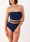 Model wearing 'Venezia' Navy Blue Bandeau/Halterneck Swimsuit, by Janine Robin (front view).