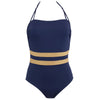 'Venezia' Navy Blue Bandeau/Halterneck Swimsuit, by Janine Robin (pack shot, front view).