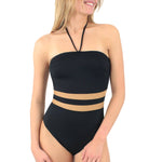 Model wearing Janine Robin 'Venezia' Black Bandeau Swimsuit.