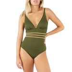 Model wearing Janine Robin 'Venezia' Khaki Plunge Swimsuit.