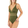 Model wearing Janine Robin 'Venezia' Khaki Plunge Swimsuit.