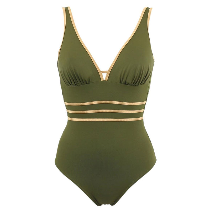 Janine Robin 'Venezia' Khaki Plunge Swimsuit (pack shot, front).