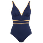 Janine Robin 'Venezia' Navy Blue Plunge Swimsuit (pack shot, front view).