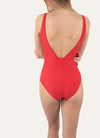 Model wearing Janine Robin 'Monaco' Red Plunge Swimsuit (back view).