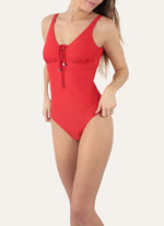 Model wearing Janine Robin 'Monaco' Red Plunge Swimsuit.