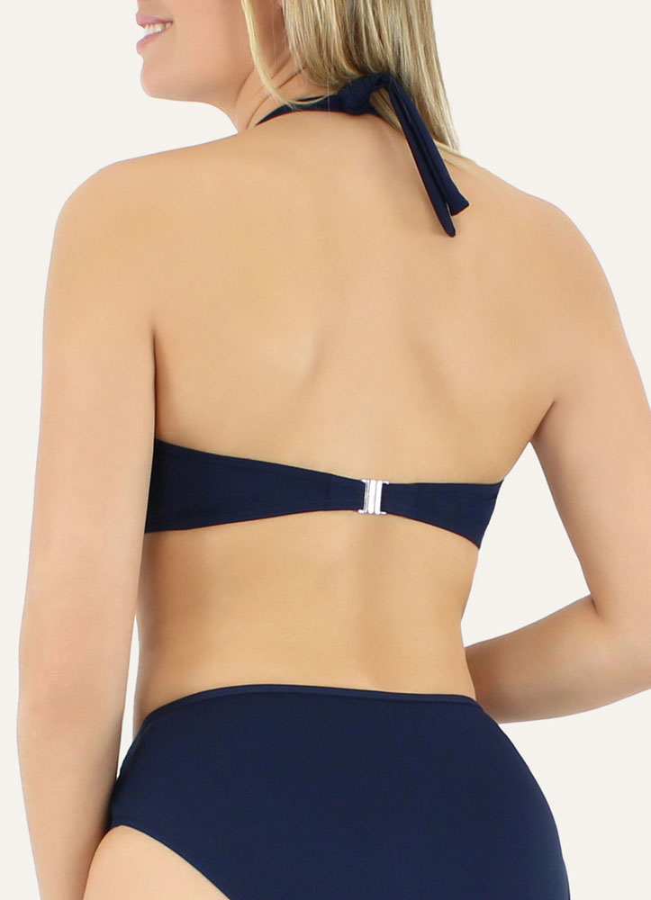 Model wearing Janine Robin 'Grace' Navy Blue Bandeau Bikini (back view).