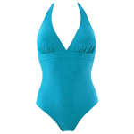 Janine Robin 'Darling' Turquoise Blue Halterneck Swimsuit (pack shot, front).