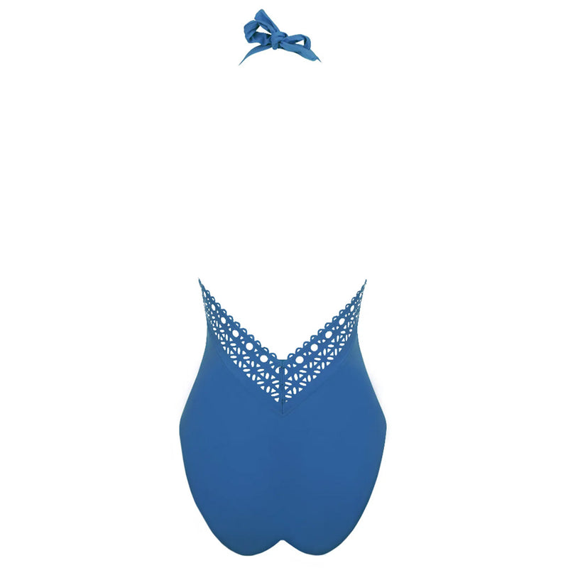 Lise Charmel blue Ajourage Couture plunging halterneck swimsuit pack shot (back).