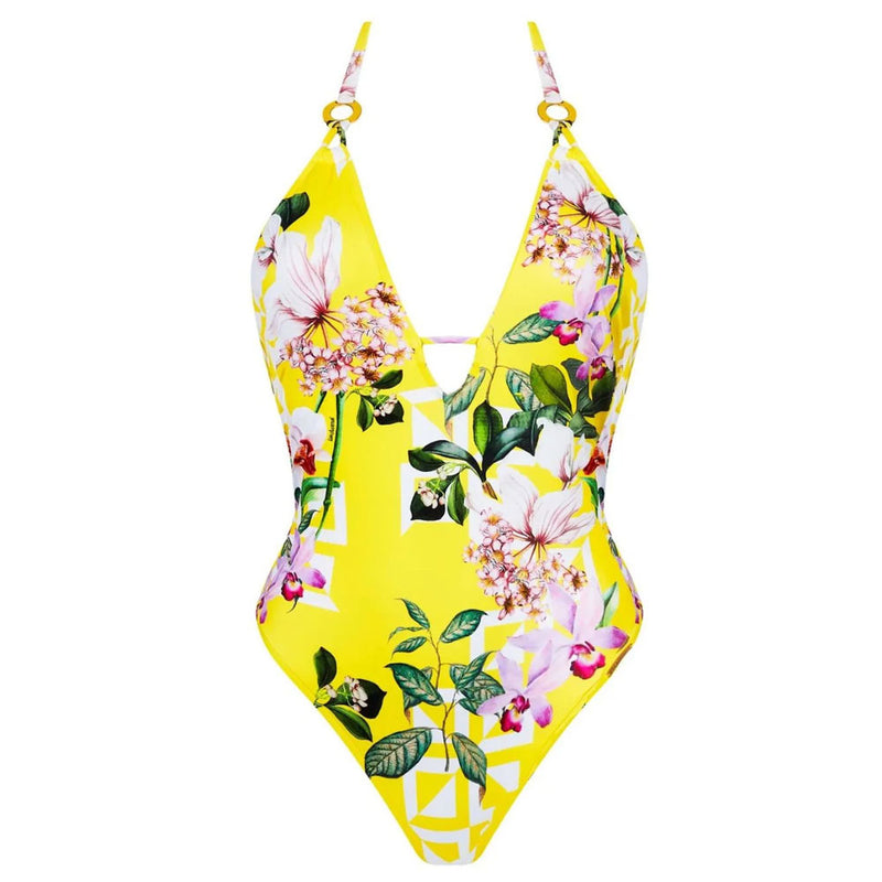 Lise Charmel 'Jardin Delice' Yellow Plunging Halterneck Swimsuit (pack shot, front).