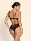 Model wearing 'Belissime Inconnue' Red and Black Shorty, from Lise Charmel (back view).