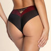 Model wearing 'Belissime Inconnue' Red and Black Shorty, from Lise Charmel (back view, close up).