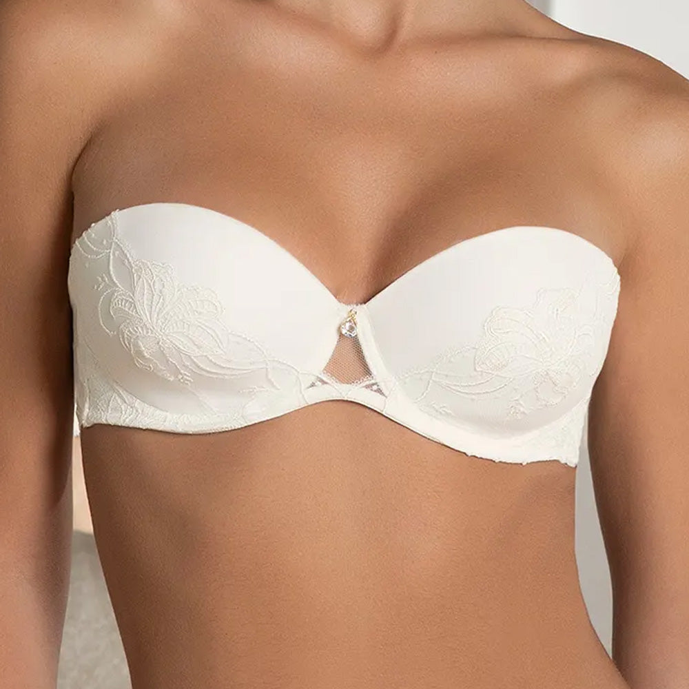Model wearing Lise Charmel 'Bellissime Amour' Ivory Contour Strapless Bra (front view).