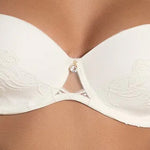 Model wearing Lise Charmel 'Bellissime Amour' Ivory Contour Strapless Bra (front view, detail).