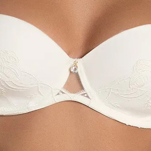 Model wearing Lise Charmel 'Bellissime Amour' Ivory Contour Strapless Bra (front view, detail).
