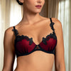 Model wearing 'Belissime Inconnue' Red and Black Contour Bra, by Lise Charmel (front view, close up).