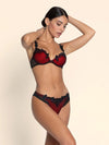 Model wearing 'Belissime Inconnue' Red and Black Contour Bra, by Lise Charmel (side view).