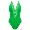 'Ajourage Couture' Plunging Halterneck Swimsuit in Anis Ajourage (Bright Green), by Lise Charmel (pack shot, front).