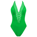 'Ajourage Couture' Plunging Halterneck Swimsuit in Anis Ajourage (Bright Green), by Lise Charmel (pack shot, front).