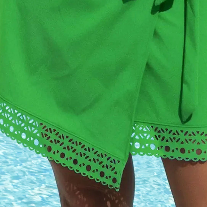 Model wearing 'Ajourage Couture' Green Pareo/Wrap Skirt, by Lise Charmel (detail).