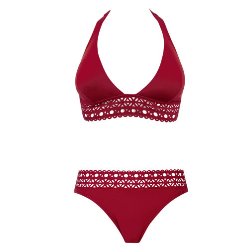 Lise Charmel Ajourage Couture tango red halterneck bikini set with lace detail pack shot (front).