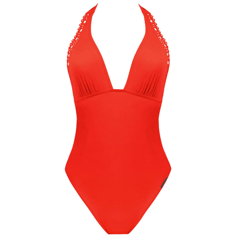 Lise Charmel 'Ajourage Couture' Orange Plunging Back Halterneck Swimsuit (pack shot, front).