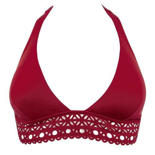 Lise Charmel Ajourage Couture tango red halterneck bikini top with lace detail pack shot (front).