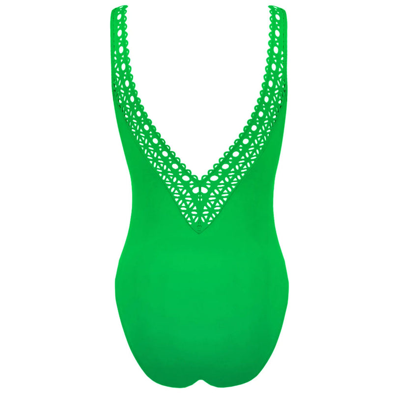 'Ajourage Couture' Non-Underwired Swimsuit in Anis Ajourage (Bright Green), by Lise Charmel (pack shot, back).