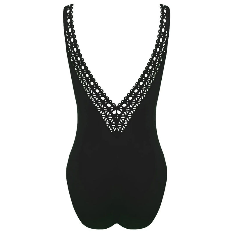 'Ajourage Couture' Black Non-Underwired Swimsuit, by Lise Charmel (pack shot, back view).