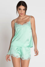 Model wearing 'Amour Nymphea' Camisole in Jade Aqua, by Lise Charmel.