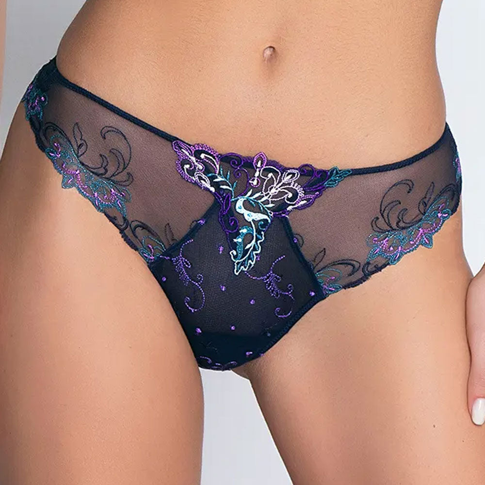 Model wearing 'Déesse Désirs' Thong in Mauve Desir (Midnight Blue), by Lise Charmel.