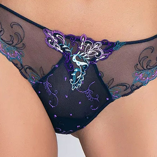 Model wearing 'Déesse Désirs' Thong in Mauve Desir (Midnight Blue), by Lise Charmel (detail).