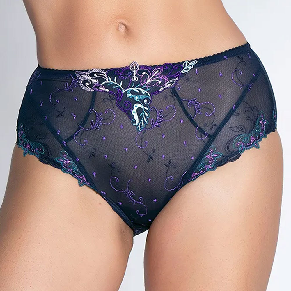 Model wearing 'Déesse Désirs' Midnight Blue High Waist Brief, by Lise Charmel.