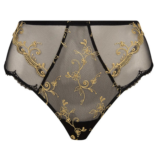 'Deesse en Glam' High Waisted Brief in black and gold by Lise Charmel (pack shot, front).