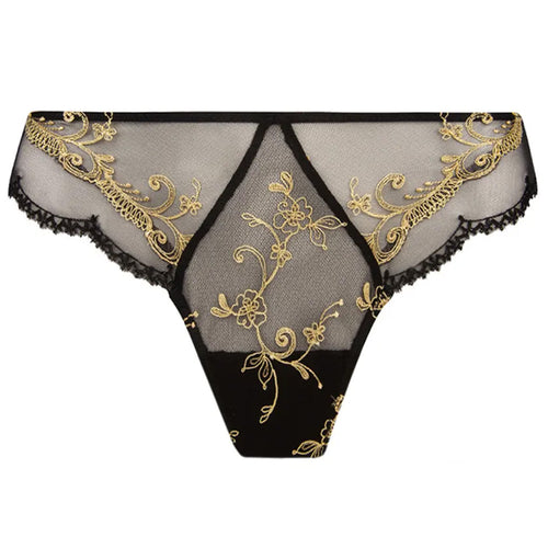 'Deesse en Glam' Thong in black and gold by Lise Charmel (pack shot, front)