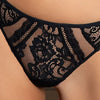 Model wearing 'Desirs de Venise' Black Thong, by Lise Charmel (front view close-up).